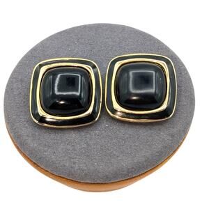 Vintage Black & Gold Tone Square Clip On Earrings